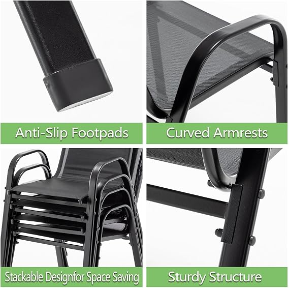 BIRCHTREE Garden Chairs Set of 4, Stackable Garden Furniture, Deck Chair, Weather-Resistant, Black Chairs for Outdoor Seating