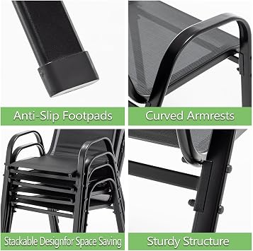 BIRCHTREE Garden Chairs Set of 4, Stackable Garden Furniture, Deck Chair, Weather-Resistant, Black Chairs for Outdoor Seating