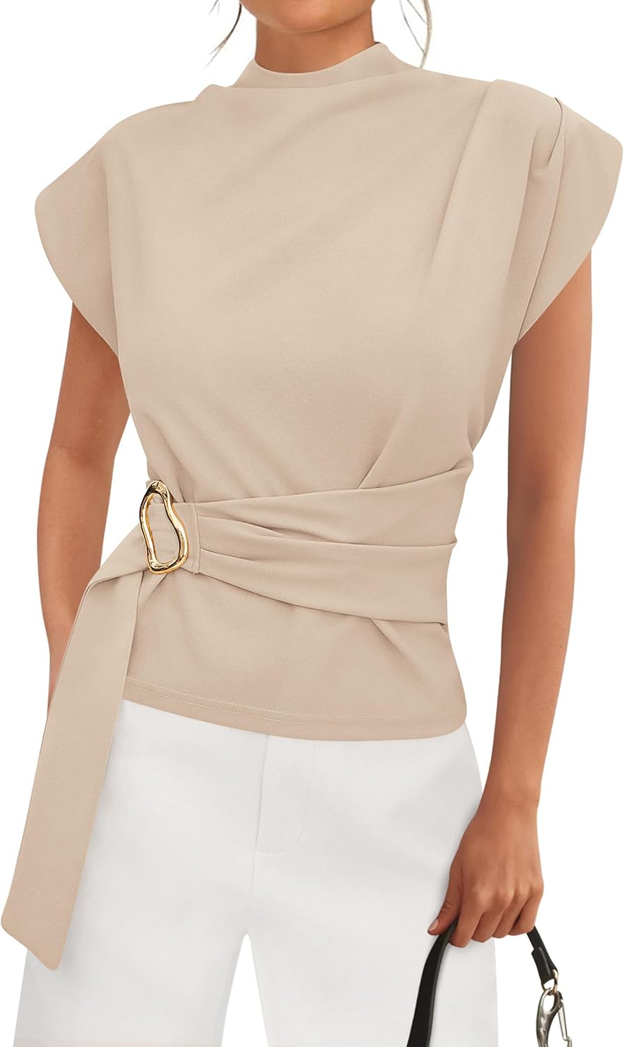 PRETTYGARDEN Women Blouses Spring Dressy Cap Sleeve Mock Neck Work Shirts Buckle Tunic Summer Business Casual Tops 2026