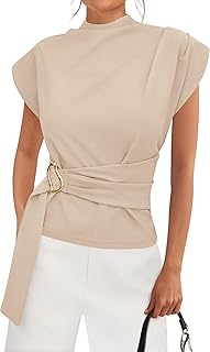 Women Blouses Spring Dressy Cap Sleeve Mock Neck Work Shirts Buckle Tuni...