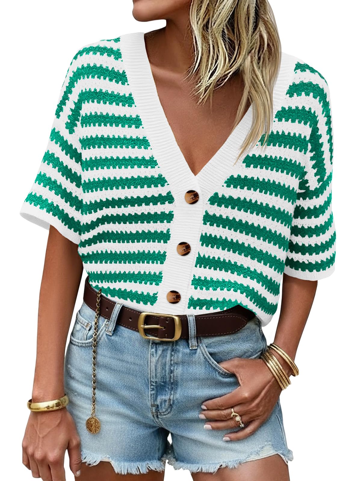 Saodimallsu Womens Short Sleeve Striped Cardigan Sweaters Crochet Knit Button Down Shirts V Neck Spring Summer Tops