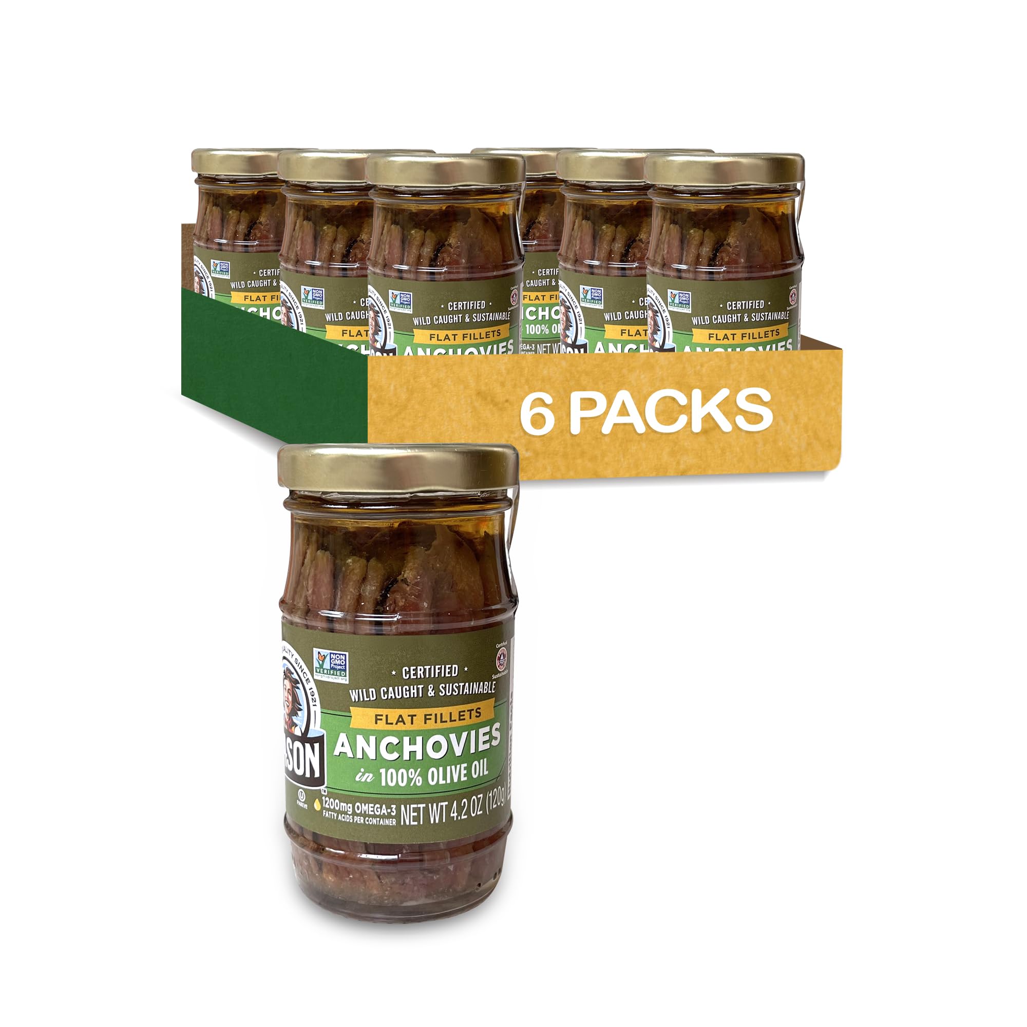 Season Anchovies in Olive Oil - Flat Anchovy Fillets, Wild Caught Fish, Keto Snacks, Canned Anchovies, Rich in B Vitamins, Low in Mercury, Kosher, Non-GMO, 600mg of Omega-3-4.2 Oz Glass Jar, 6-Pack