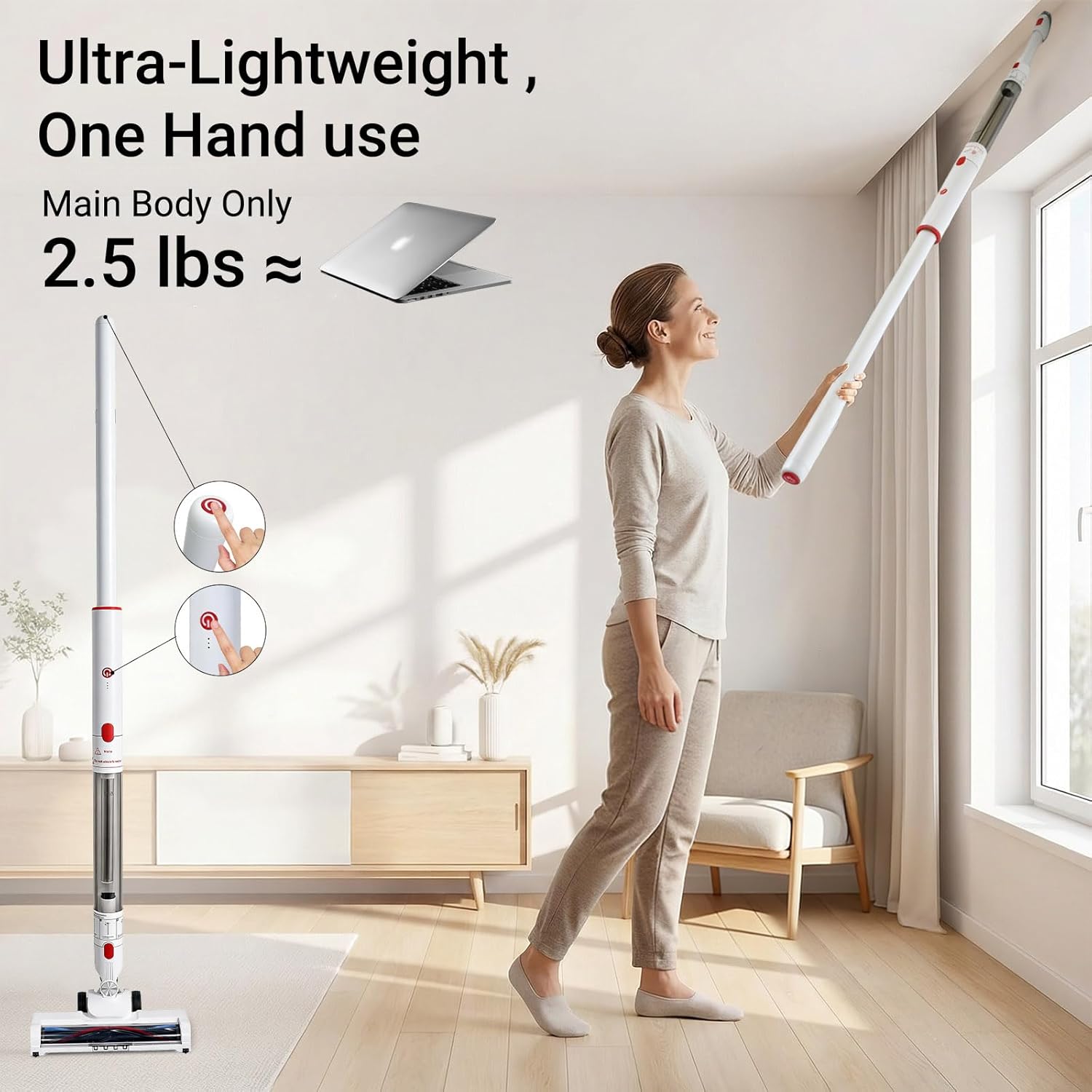 EZ SPARES Ultra-Light Handheld Stick Vacuum Cleaner,Featherweight Stick Cordless Vacuum,Lightweight Vacuum with Crevice Tool for Ceiling,Shelves,Corners,LED-Brushhead,Rechargeable(Pencil-Style,White)