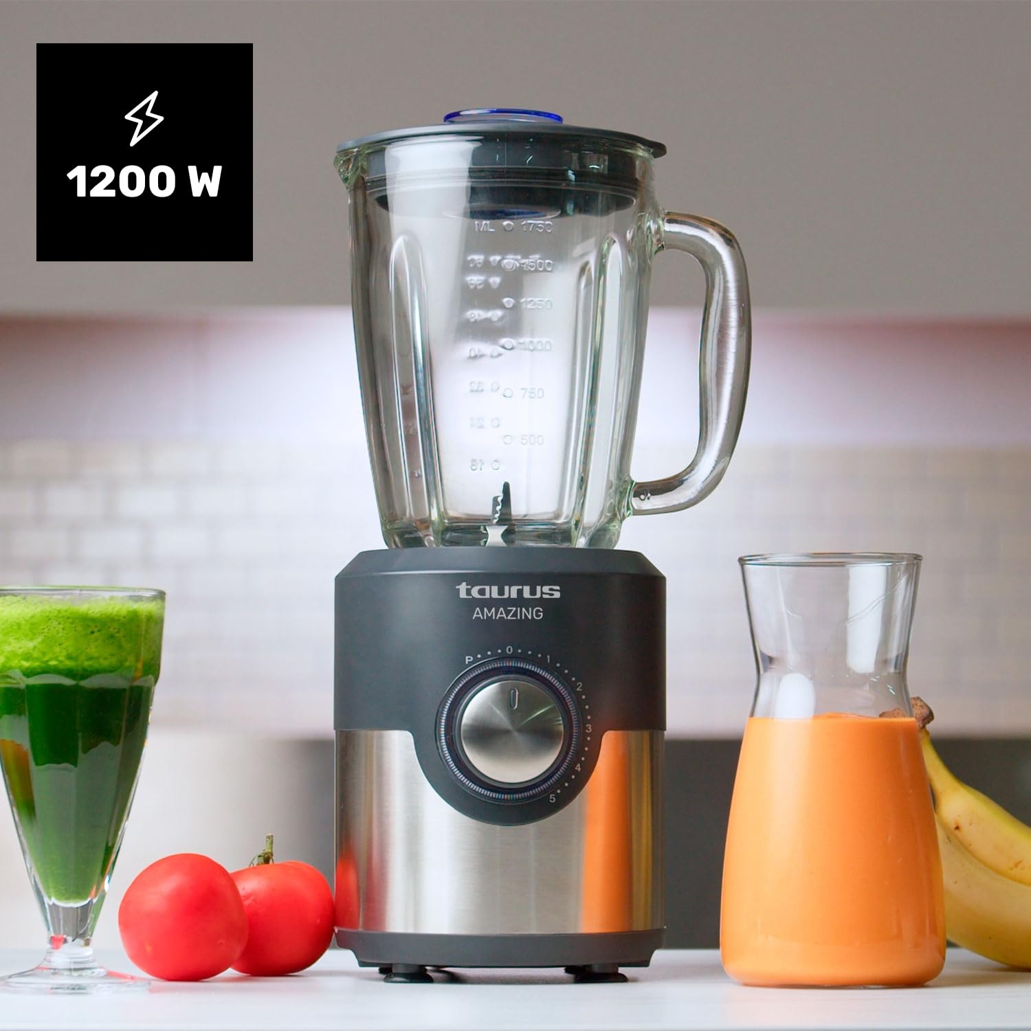 Taurus Amazing - Batidora de vaso JB1200XC, 1200W, Jarra de cristal de 175L, 5 velocidades + Turbo, Profesional con cuchillas de 6 hojas, Pica hielos, Acero Inoxidable, Apto lavavajillas