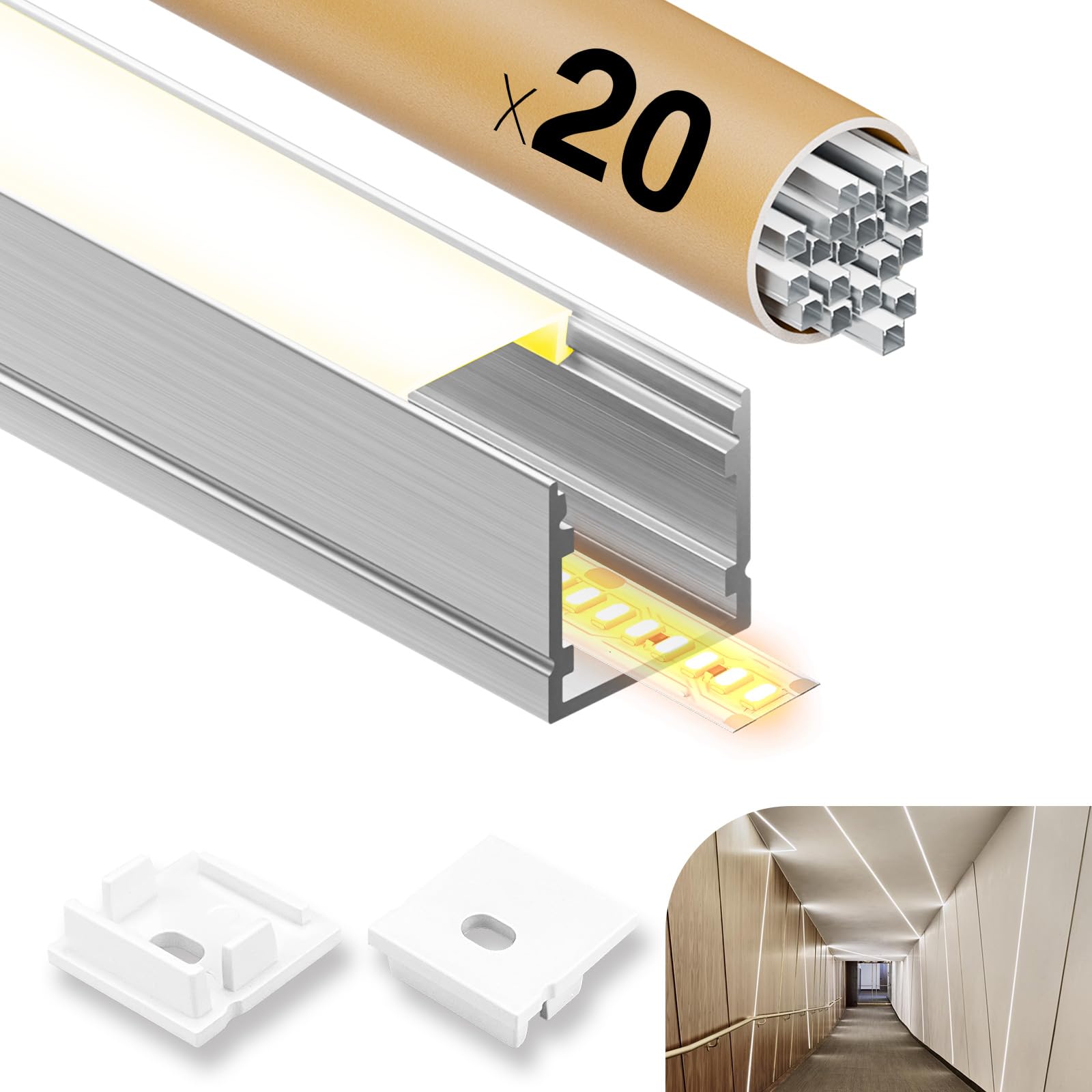 20× Profili per Strisce LED da 2 M in Alluminio （Totale 40 M）， Canalina led con Copertura Opaca, Compatibile con Strisce led di Larghezza Inferiore o Uguale a 15 MM - 20 x 20 MM (SL12, 20*2M=40M)