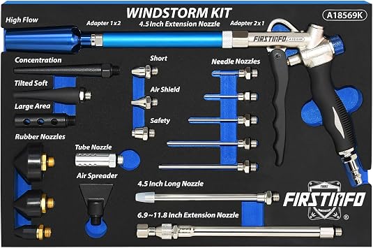 FIRSTINFO A18569KUS Windstorm 2X Flow Air Blow Gun with Nozzles and Rubber Tips Kit, 22-Piece