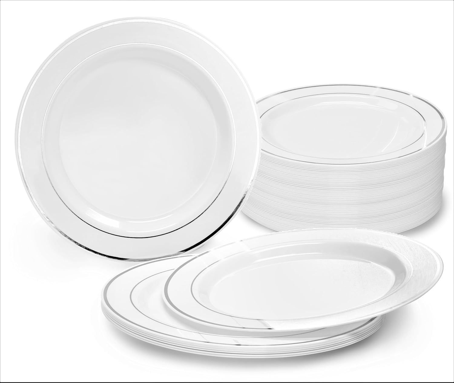 OCCASIONS 120 White and Silver Plastic Dessert Plates, 6.25" Heavy Duty Fancy Disposable Appetizer/Cake Plates for Wedding & Party, BPA Free, Recyclable, White & Silver Rim