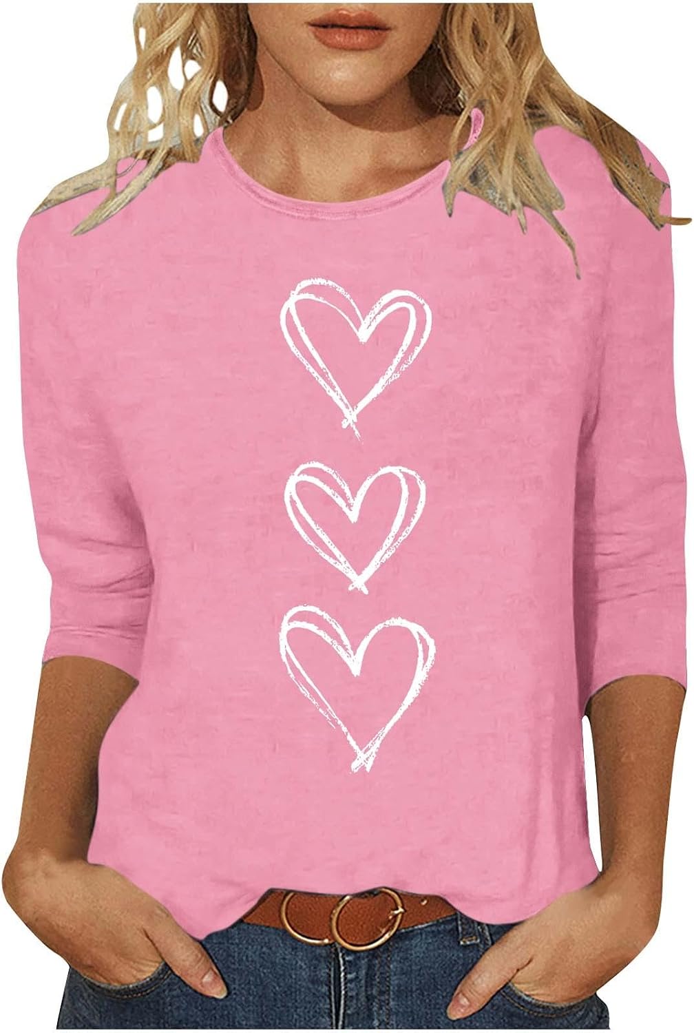 Women's Valentine 3/4 Sleeve Tee Shirts Round Neck Cute Love Heart Print Tunic Tops Basic Blouses Casual Tops