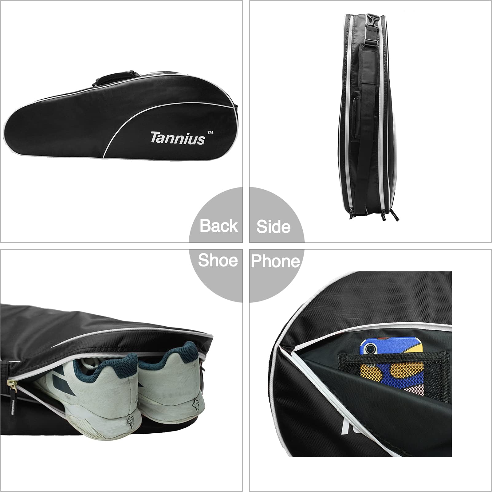 3-5 Racquet Tennis Bag with Shoes and Phone Compartments and Protective Pad, Ultra Spacious Lightweight Racquet Bag for Tennis Badminton (Black)