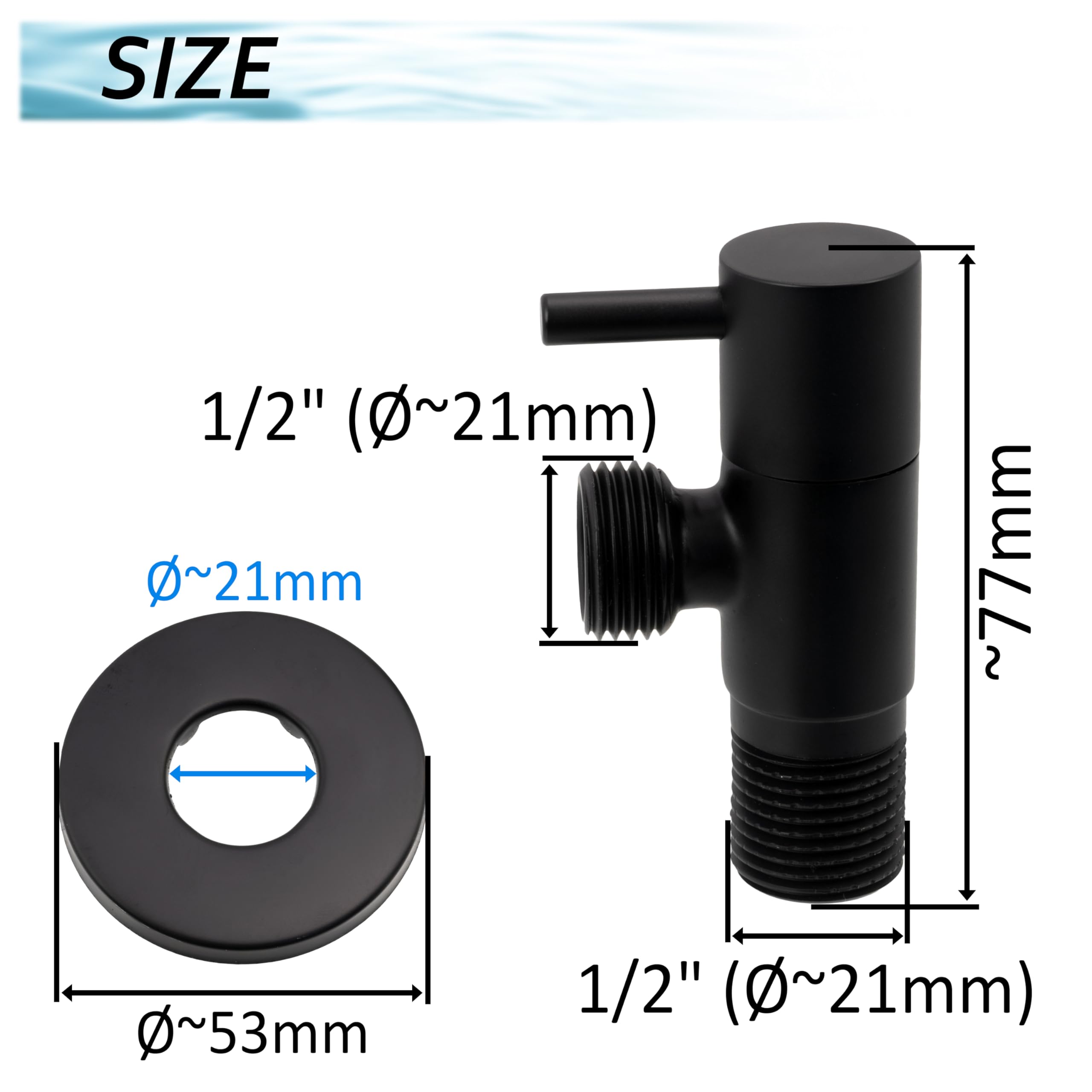 AERZETIX - Válvula de Parada en Ángulo 1/2"x1/2" con Roseta y Junta PTFE - Latón con Acabado Ennegrecido - Grifo de Agua Potable Sanitario para Lavabo Baño Cocina