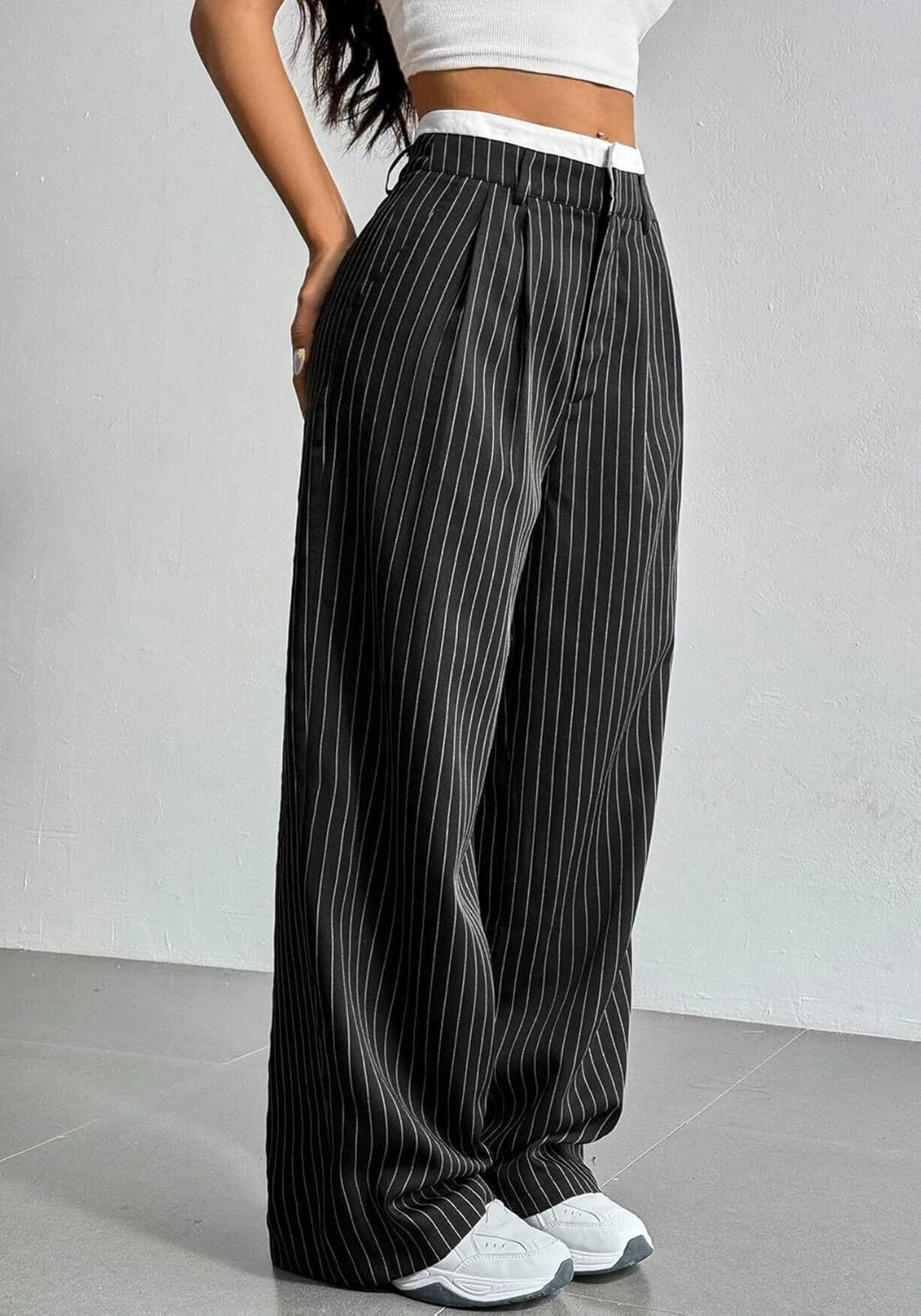 LKOUS Women's High Waisted Dress Pants Stretchy Wide Leg Striped Trousers Casual Work Office Pants with Pockets - Image 2