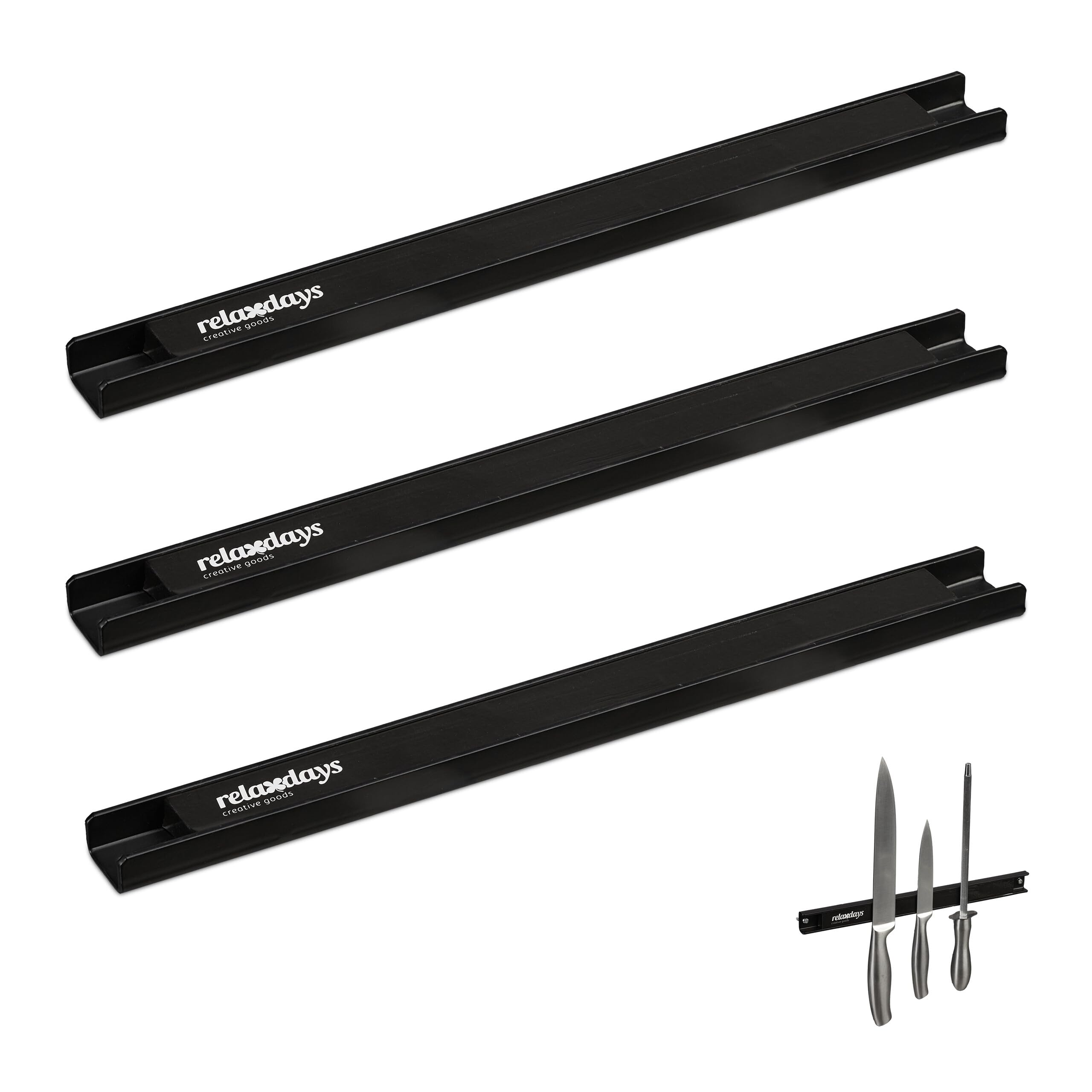 Relaxdays Set de 3 Imanes Cuchillos, 30 cm de Largo, Acero, Barras Magnéticas Herramientas, Atornillar a la Pared, Negro