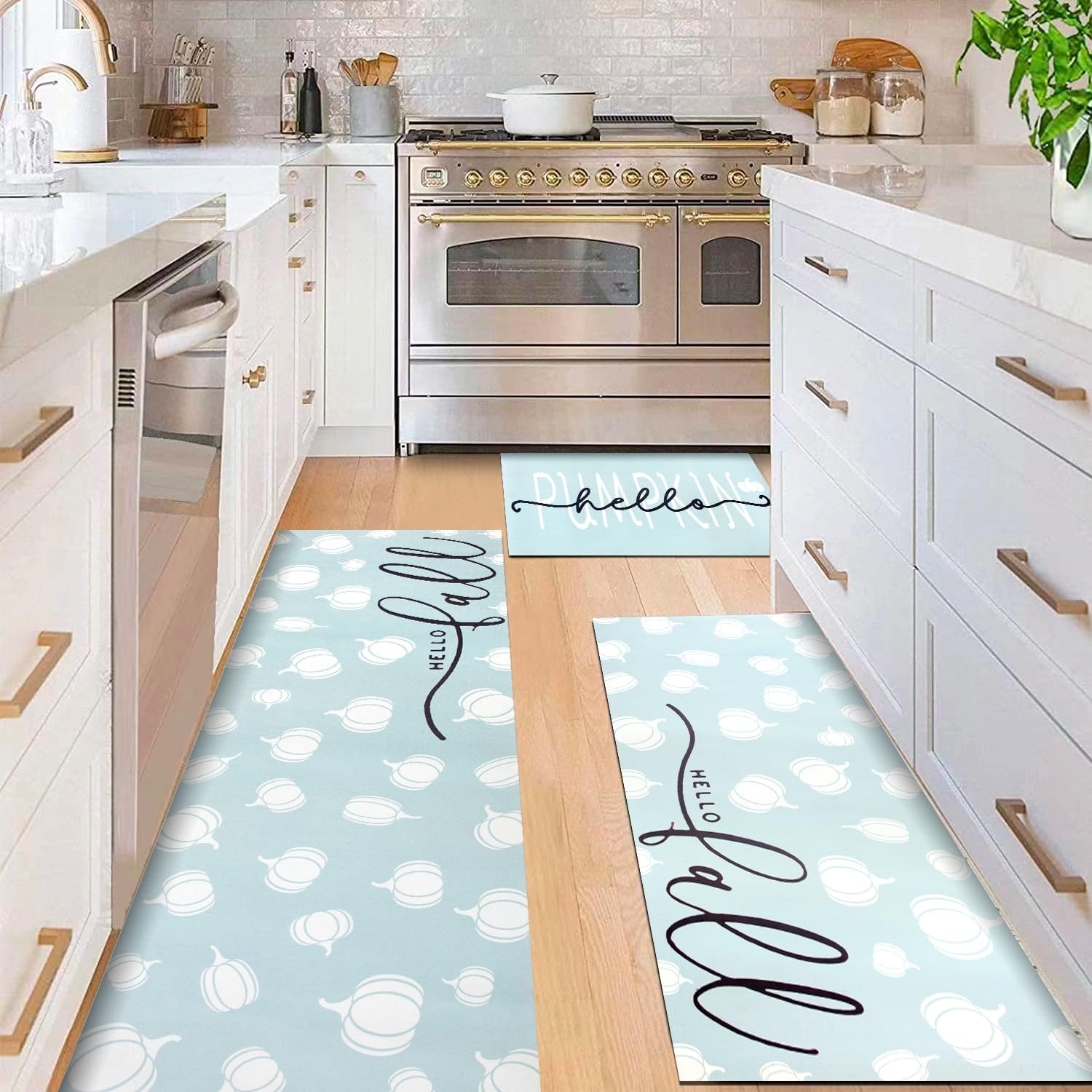 Fall Blue Kitchen Rug Sets 3 Piece with Rubber Backing Hello Pumpkin Autumn Kitchen Mats for Floor Non Slip Area Rug for Laundry Room Entryway Hallway Thankgiving Harvest Decor