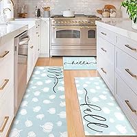 Vista 4 de Juego de 3 tapetes de cocina de otoño azul con respaldo de goma, alfombrillas de cocina de hola calabaza, otoño, para piso, antideslizante, alfombra
