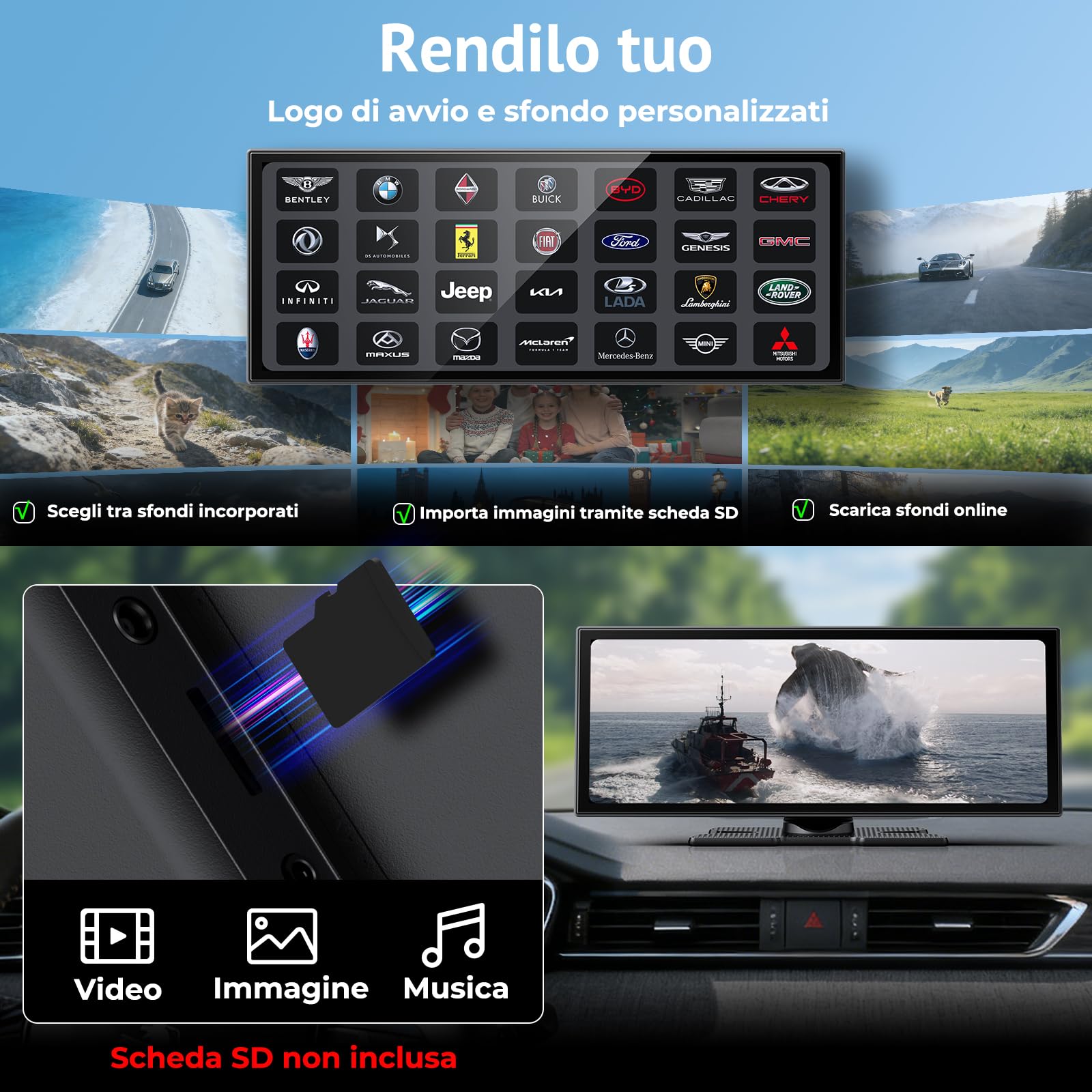 Schermo CarPlay wireless da 10,25" per auto con app Net-flix e Youtube | Touch Screen Car Play per CarPlay e Android Auto, Telecamera di retromarcia incorporata, custodia video di intrattenimento