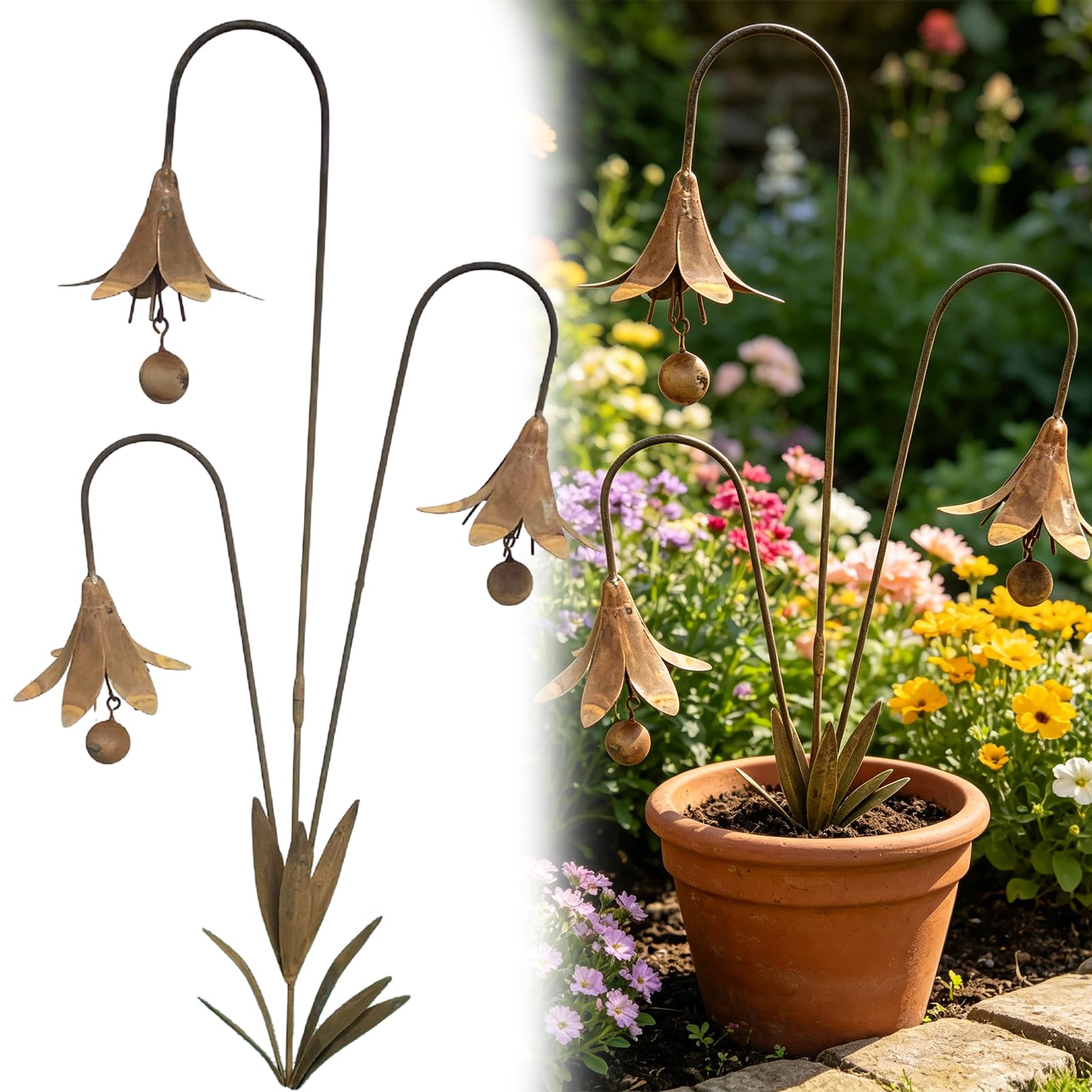 Triple Bluebells Metal Garden Stakes, 2026 New Handmade Outdoor Yard Art with Bells, Weather Resistant Rustic Decorative Lawn Ornaments for Patio Walkways Flower Beds