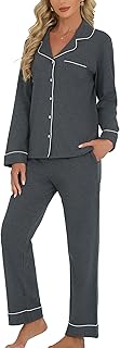 Damen Pyjama Set Baumwolle 200gsm, weich bequem atmungsaktiv Knopfverschluss Schlafanzug