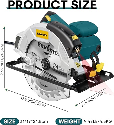 Miniatura 8 de Enventor - Sierra circular de 7-1/4 pulgadas, sierras eléctricas con motor de cobre puro de 10A y guía láser, sierras de 2 hojas (40T/24T), ángulo