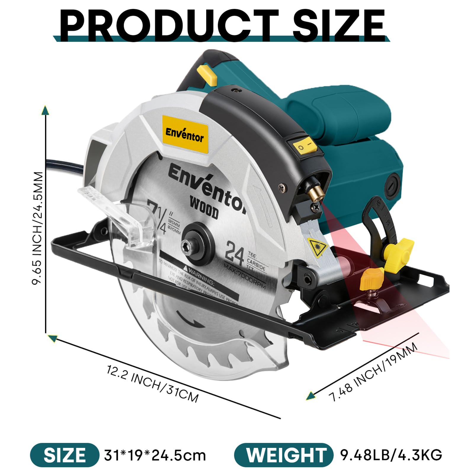 Enventor Circular Saw - Laser Guide & 2 Blades -8