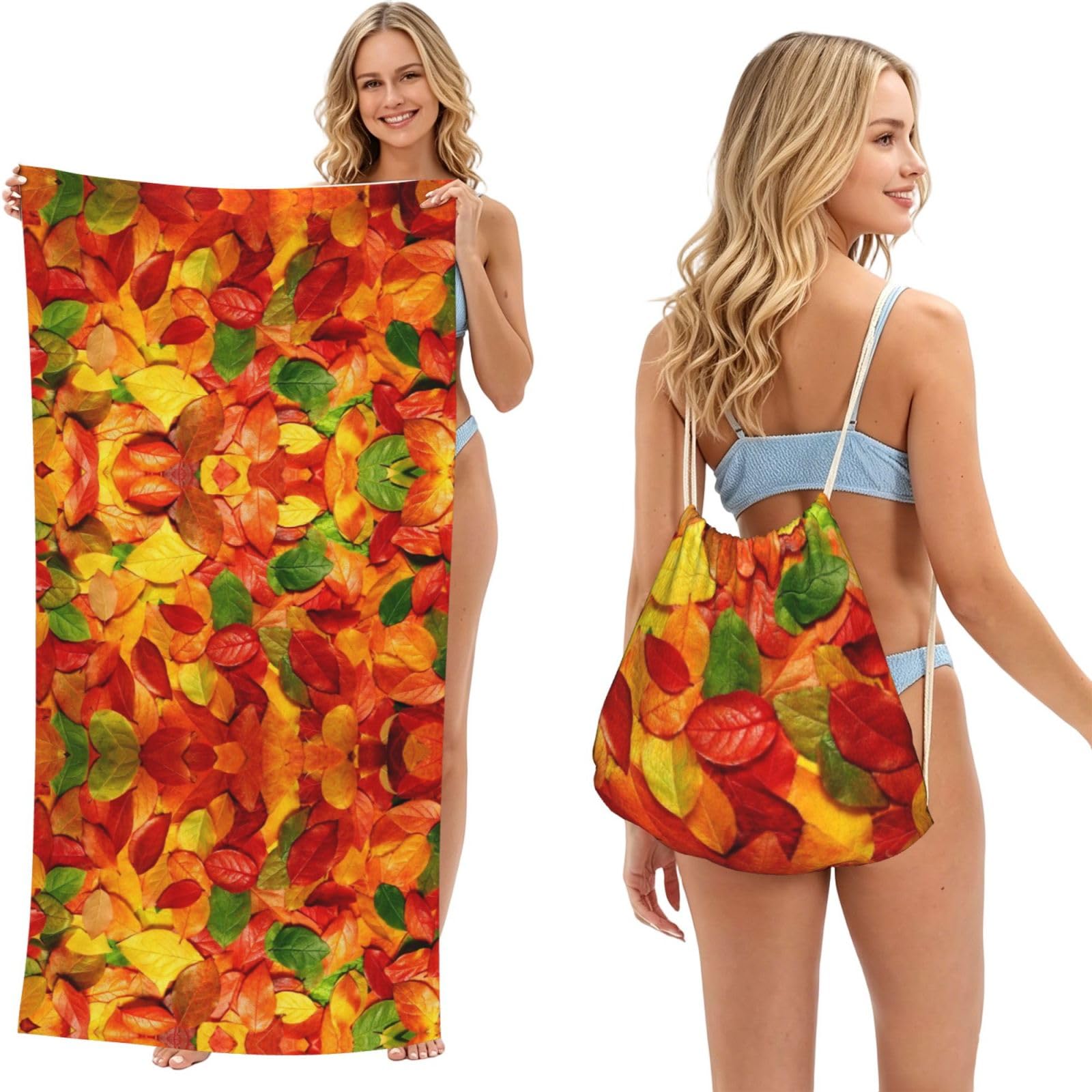 SATUSA Leaf Print 2-In-1 Foldable Beach Towel Backpack – Camping, Yoga And Travel,Bath Towel With Built-In Storage, Convertible Beach Mat & Carry Bag