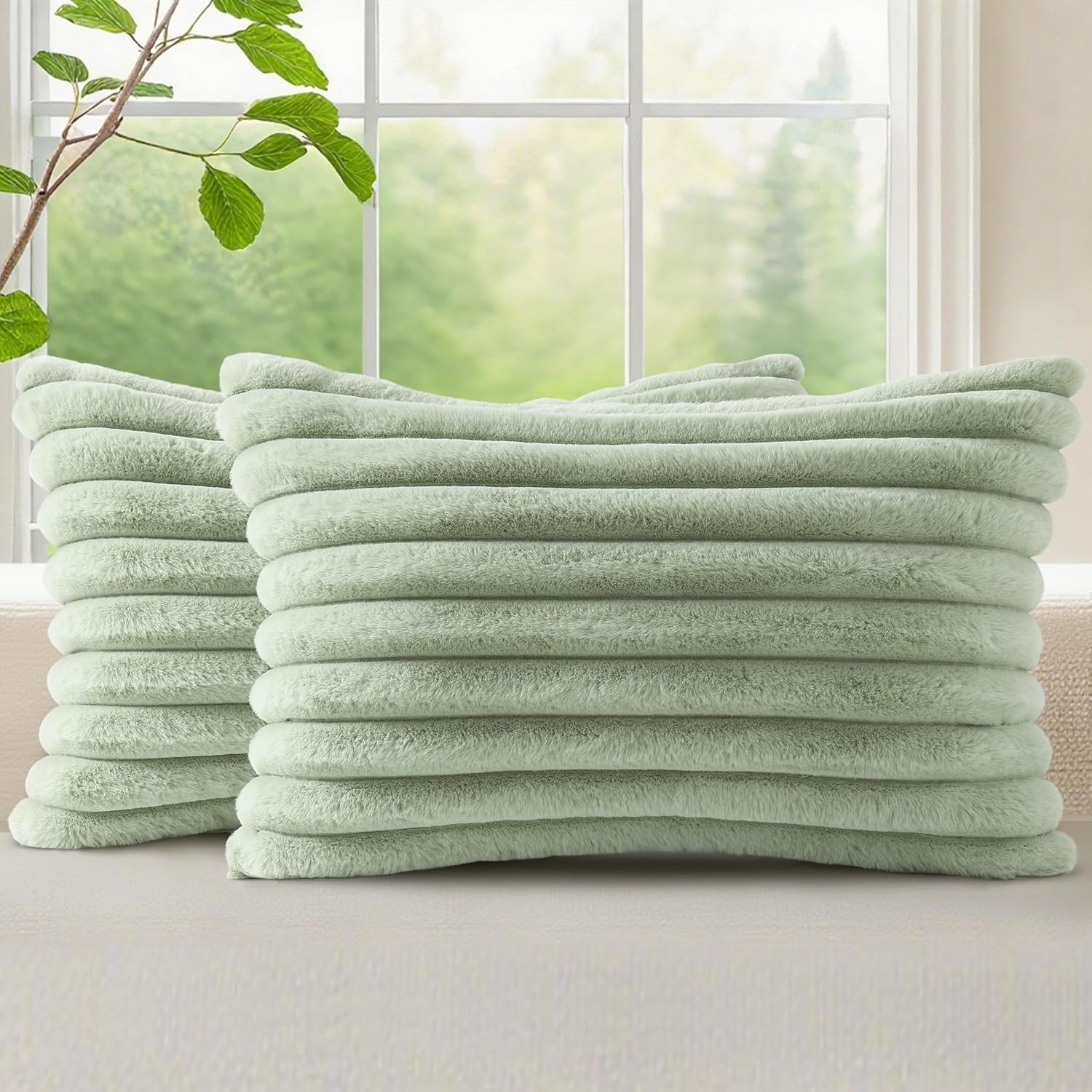 decorUhome Faux Fur Cushion Covers 30x50 cm Set of 2, Decorative Soft Plush Striped Neutral Pillow case 12X20 Inch with Velvet Back for Sofa, Bed, Living Room Home Decor, Sage Green