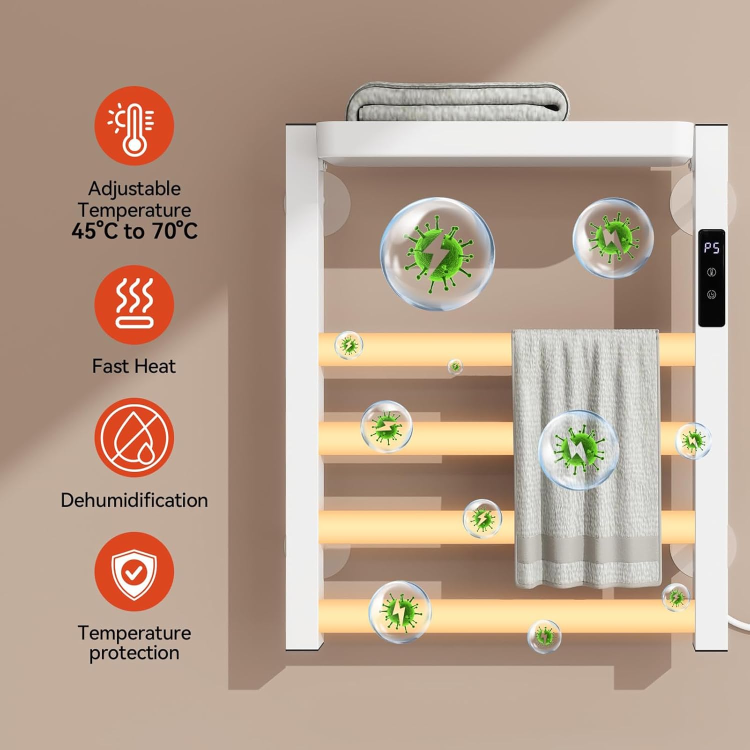 Towel Warmer Wall Mounted Aluminum Heated Towel Rail with Top Shelf & 9h Timer Smart Heated Towel Rack Electric Towel Heaters Drying Rack with Touch Panel for Bathroom