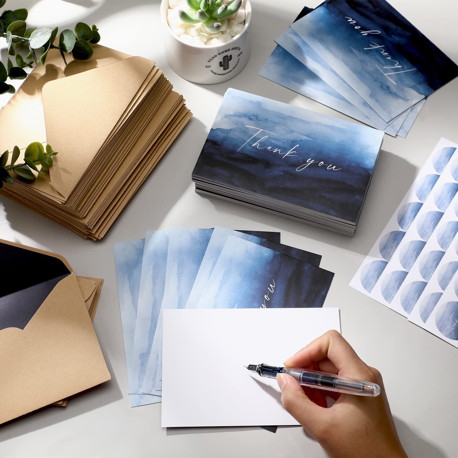 Lot de 100 cartes de remerciement avec enveloppes, 100 autocollants, notes de remerciement élégantes imprimables, cartes de remerciement avec enveloppes de style kraft marron (bleu)