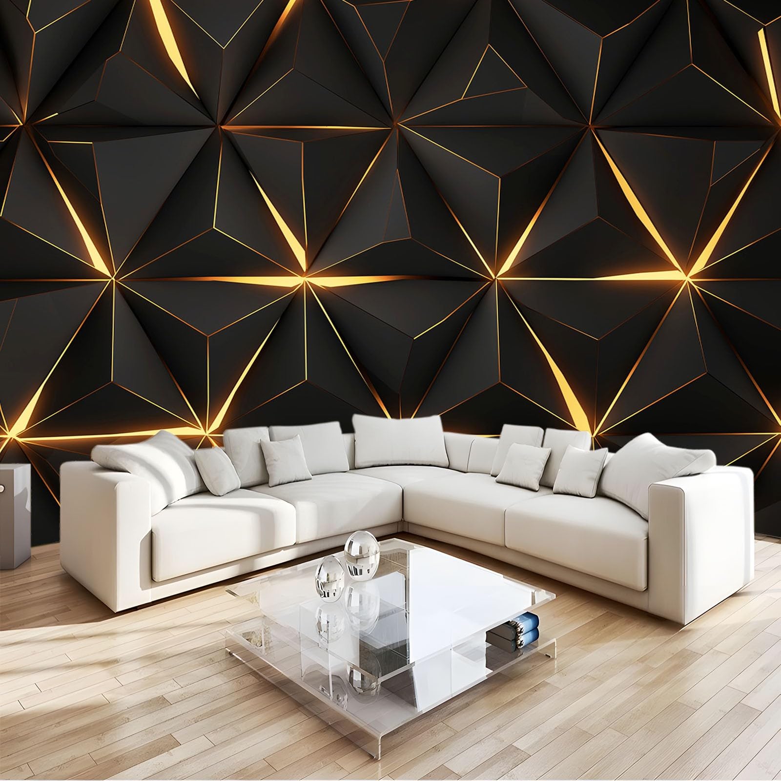Générique Papier Peint Panoramique Géométrie Noire Dorée Triangle 400x280 cm Papier Peint Intissé Mural, Poster Geant Mural Impression 3D, pour Salon Chambre d'enfants restaurant Décoration Murale