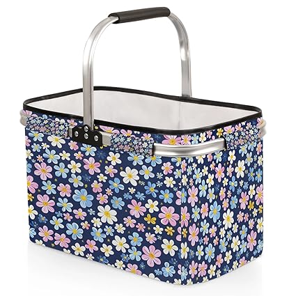 Kizmoglux Daisy Pink Blue Collapsible Market Basket, Foldable Picnic Basket - Large Shopping Basket with Handles, Portable Folding Bag for Shopping Camping Picnic