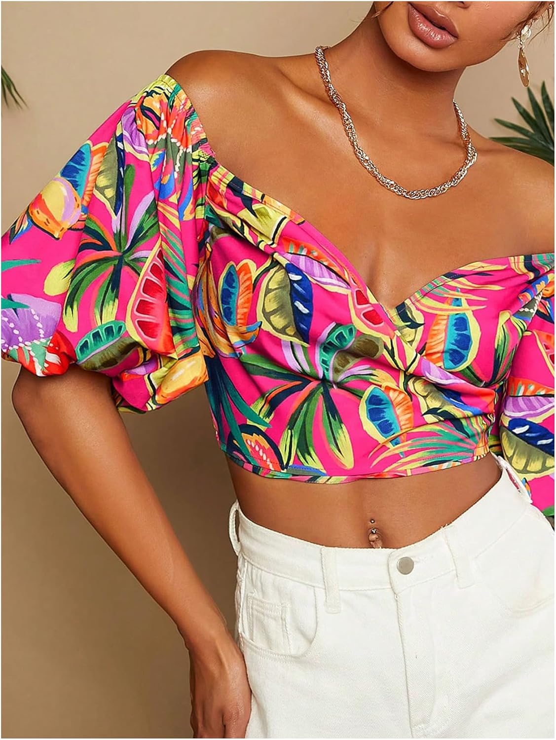 SweatyRocks Women's Off Shoulder Boho Tropical Print Bishop Short Sleeve Crop Blouses Vacation Tops - Image 5