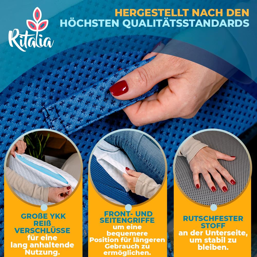 Ritalia Venenkissen – Beinhochlagerungskissen, 3-Fach höhenverstellbar, Memory Foam, atmungsaktiver Bambusbezug, 64x43x24 cm, ergonomisch, für Erwachsene, Blau