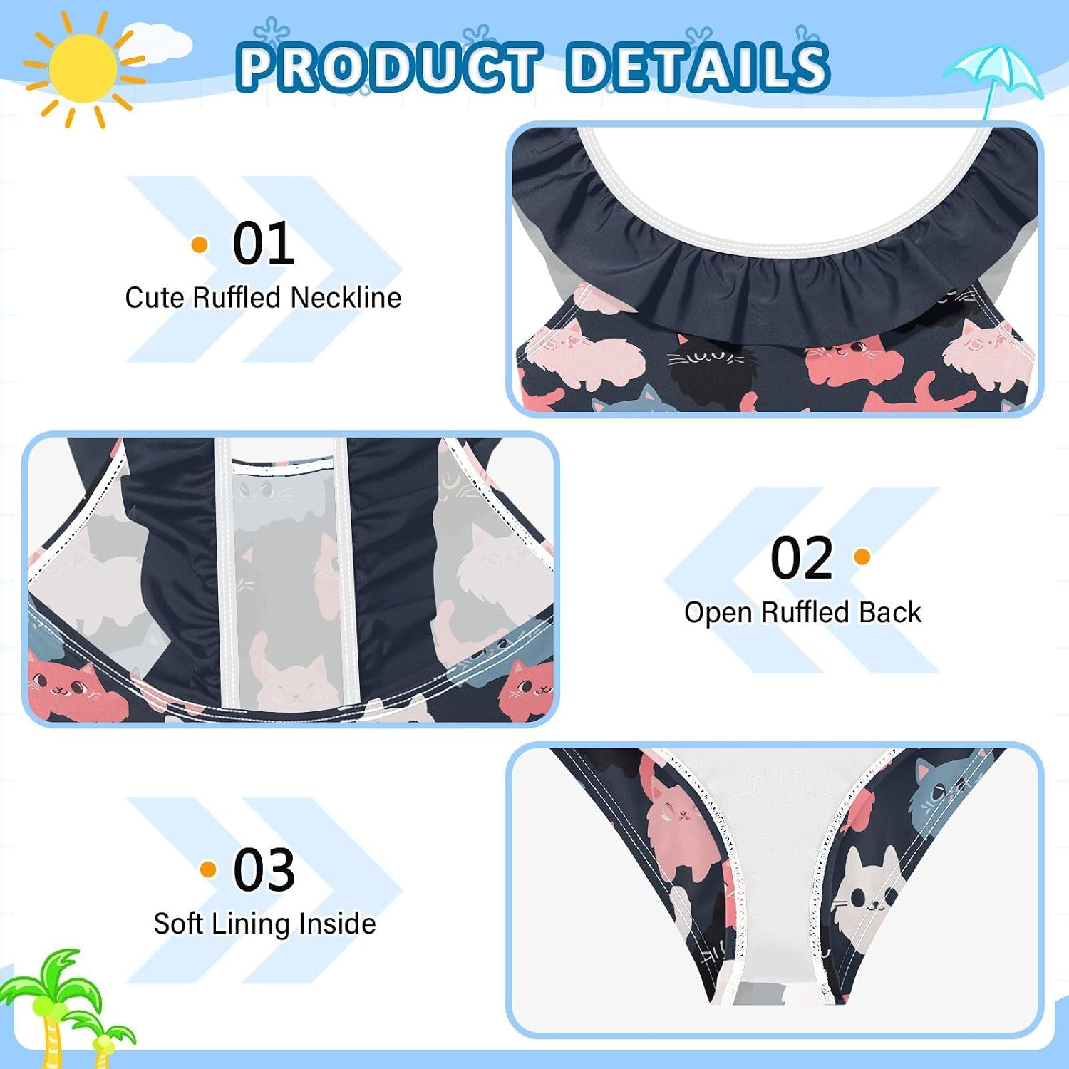 visesunny Girls One Piece Swimsuits Ruffle Swimwear Colorful Cartoon Cat Bathing Suits for Girls 3-6Y