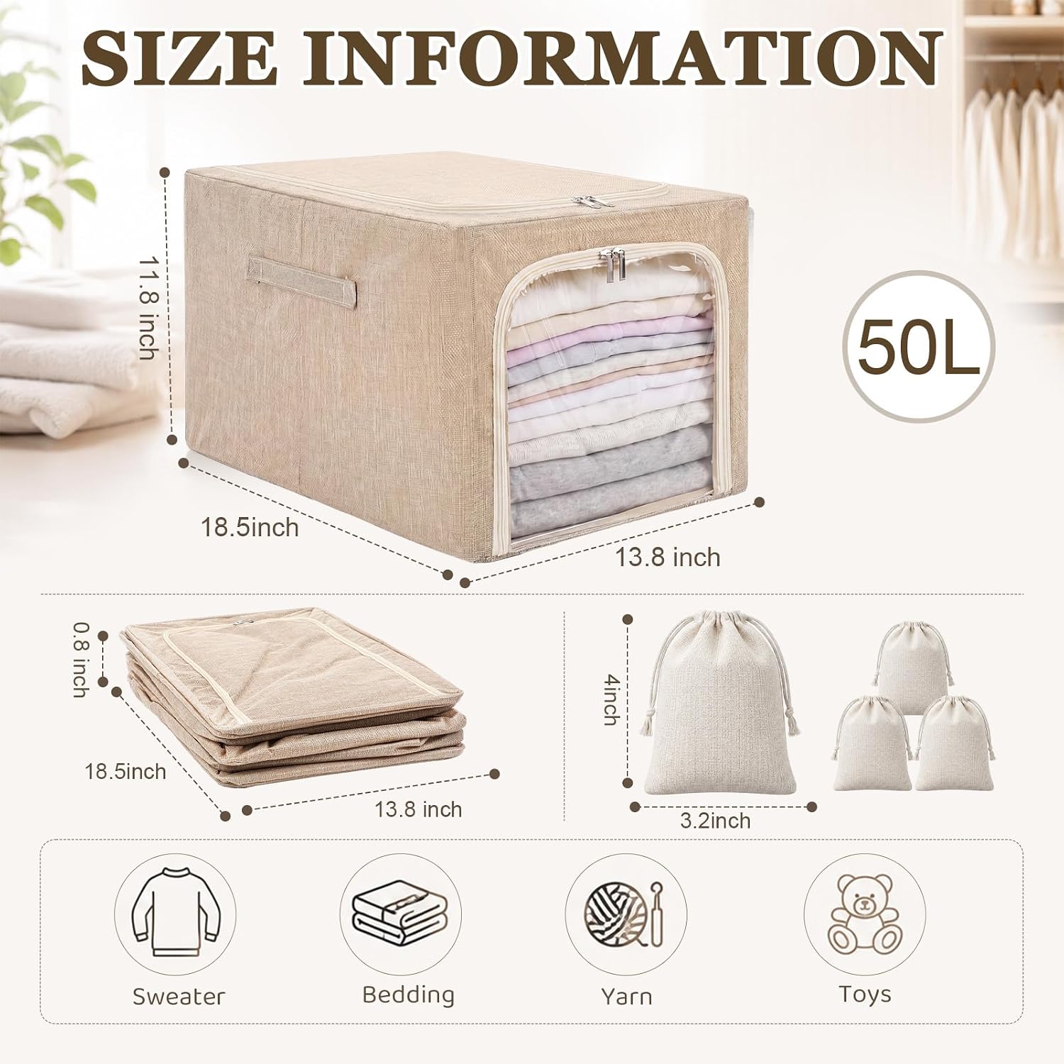 Lewtemi 50L 4 Pack Clothing Storage Bags with Cedar Sachets, Large Sweater Organizer, Breathable Fabric Containers for Clothes, Bedding & Blankets, Closet & Under Bed Storage (Beige,Classic)