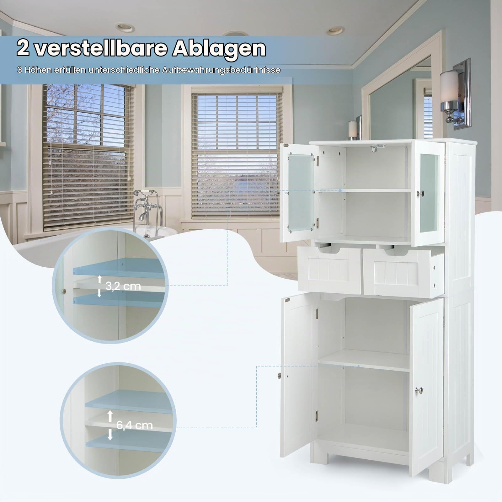 LIFEZEAL Badezimmerschrank Groß, Badschrank mit Verstellbaren Regalen, Badkommode mit Schubladen & Doppeltür, Aufbewahrungsschrank aus Holz, Multifunktionaler Seitenschrank für Küche (Weiß)