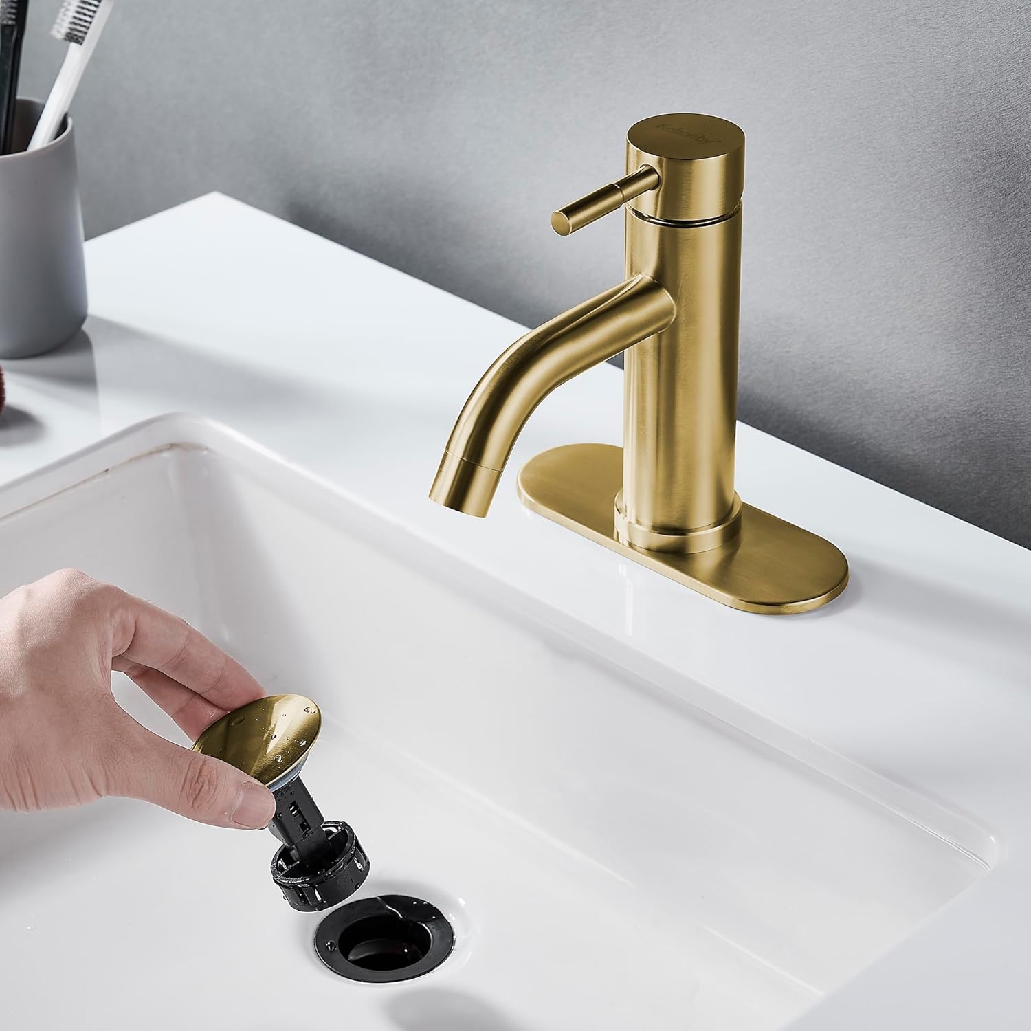 Single Hole Bathroom Sink Faucet Brushed Gold, Modern Single Handle Bathroom Faucet Commercial Stainless Steel Basin Faucet with Drain