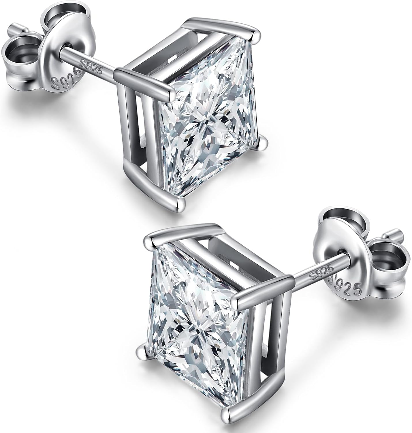Sparkling Square Stud Earrings 925 Sterling Silver Cubic Zirconia Stud Earrings Hypoallergenic Earrings for Women/Men 4MM-8MM