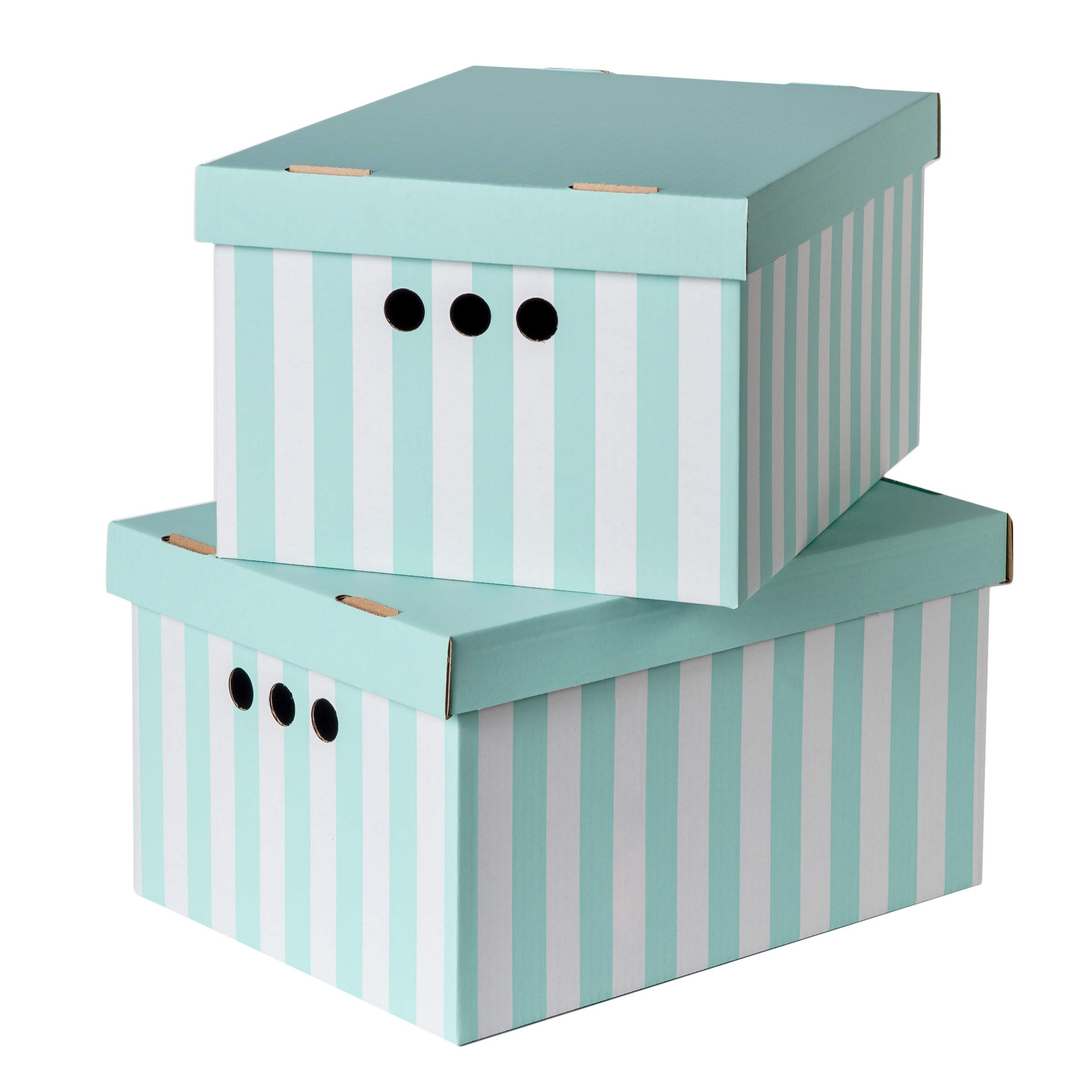 SOFTILLO Pack of 2 Decorative Storage Boxes With Lids Home Office Bedroom Wardrobe Box Organiser Archive Box with Lid Multi-Use General Storage Archive Box Lid Stylish Set Large Light Green Stripes