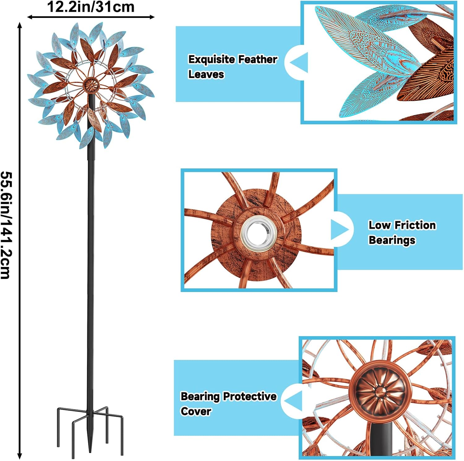 Metal Wind Spinners Outdoor, Kinetic Garden Wndmills,Yard Art Windmill with Metal Stake,Vintage Wind Sculptures & Spinners,Waterproof Pinwheels Large Wind Mill for Patio Lawn Yard Garden(Blue+Brown)