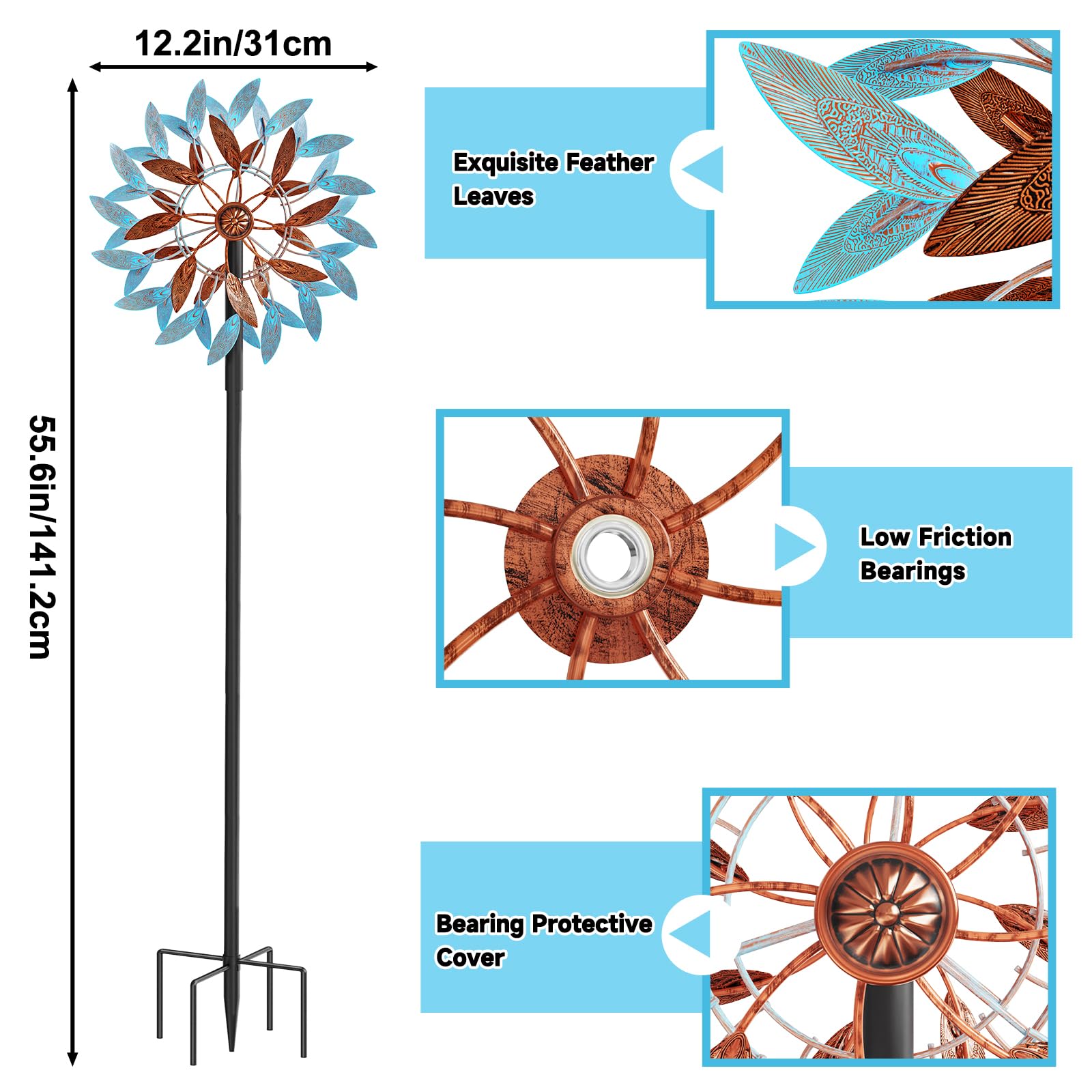 Metall Windrad Garten Dekoration mit Federblättern in Retro-Farben - Elegante Windspiele für Garten, Rasen und Terrasse, Windskulptur Spinner mit Metallpfahl (Blau+Braun)