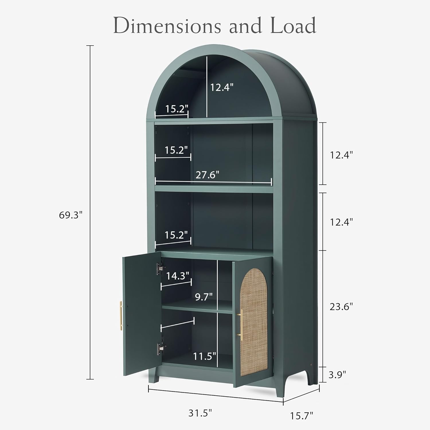 Rattan Arched Cabinet Bookshelf - 69.3” Tall Mid Century Display Cabinet, Rounded Bookcase with Rattan Doors, Open Shelf Storage for Dining Room (Green, 1 PC)