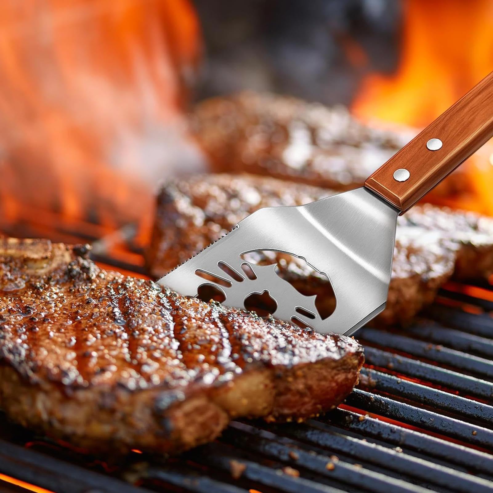 Set di Utensili per Barbecue e Griglia 3 Pezzi Multifunzionale Compatto