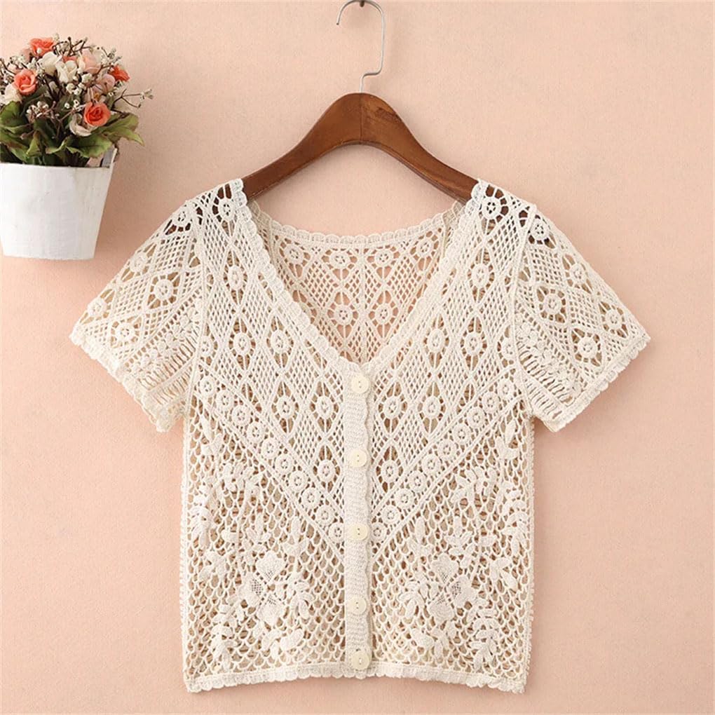 Top da donna in tinta unita all'uncinetto a maniche corte con bottoni cardigan da donna camicie da vacanza
