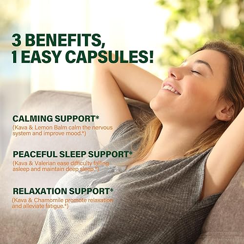 Miniatura 2 de Cápsulas de extracto de raíz de kava kava para una calma natural y apoyo al sueño. Suplemento de hierbas con valeriana, pasiflor, manzanilla,