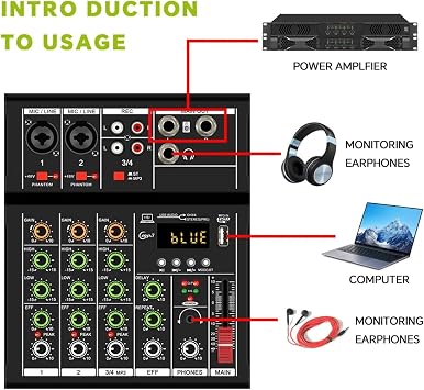 DJ Controller, 4 Channel MINI Mixer Professional Digital Mixer Dj Console With USB Portable Mixer For Live Mixing Singing(Nero)