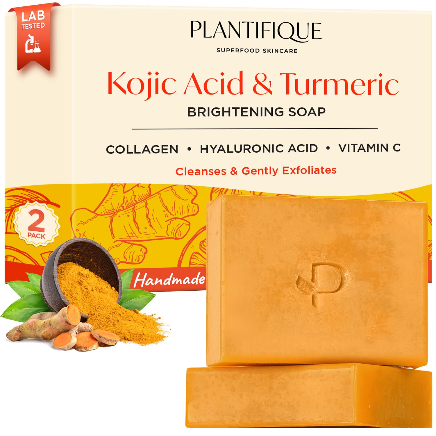PLANTIFIQUE Turmeric and Kojic Acid Soap - 2 Stück Gesichtsseife Kojisäure und Kurkuma Seifen Für Hyperpigmentierung und Dunkle Flecken - Seife für Gesicht mit Hyaluronsäure, Kollagen, Vitamin C -160g