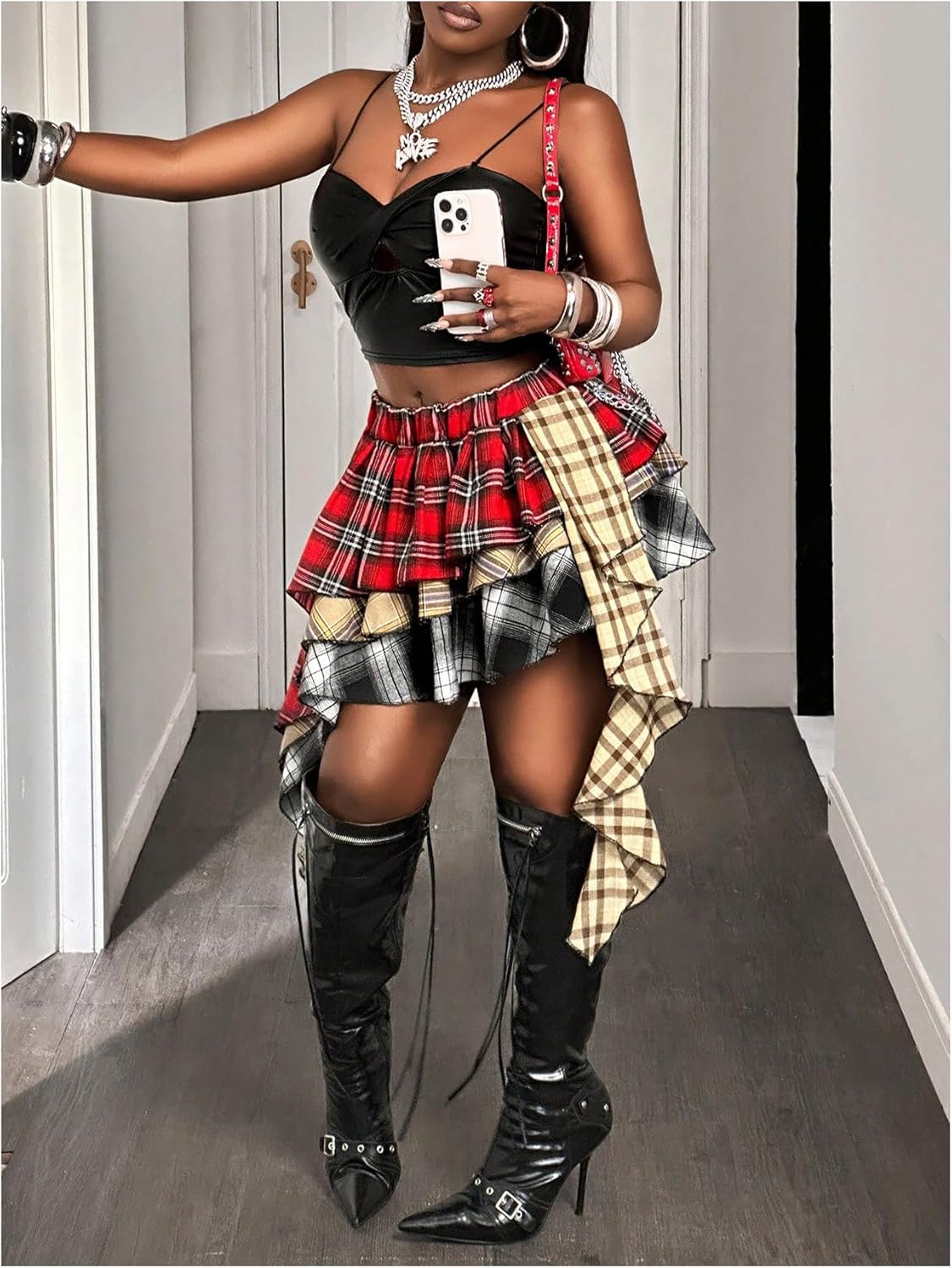 MakeMeChic Women's Y2K Streetwear Plaid Ruffle Mini Skirt Color Block A Line Tiered Short Skirts