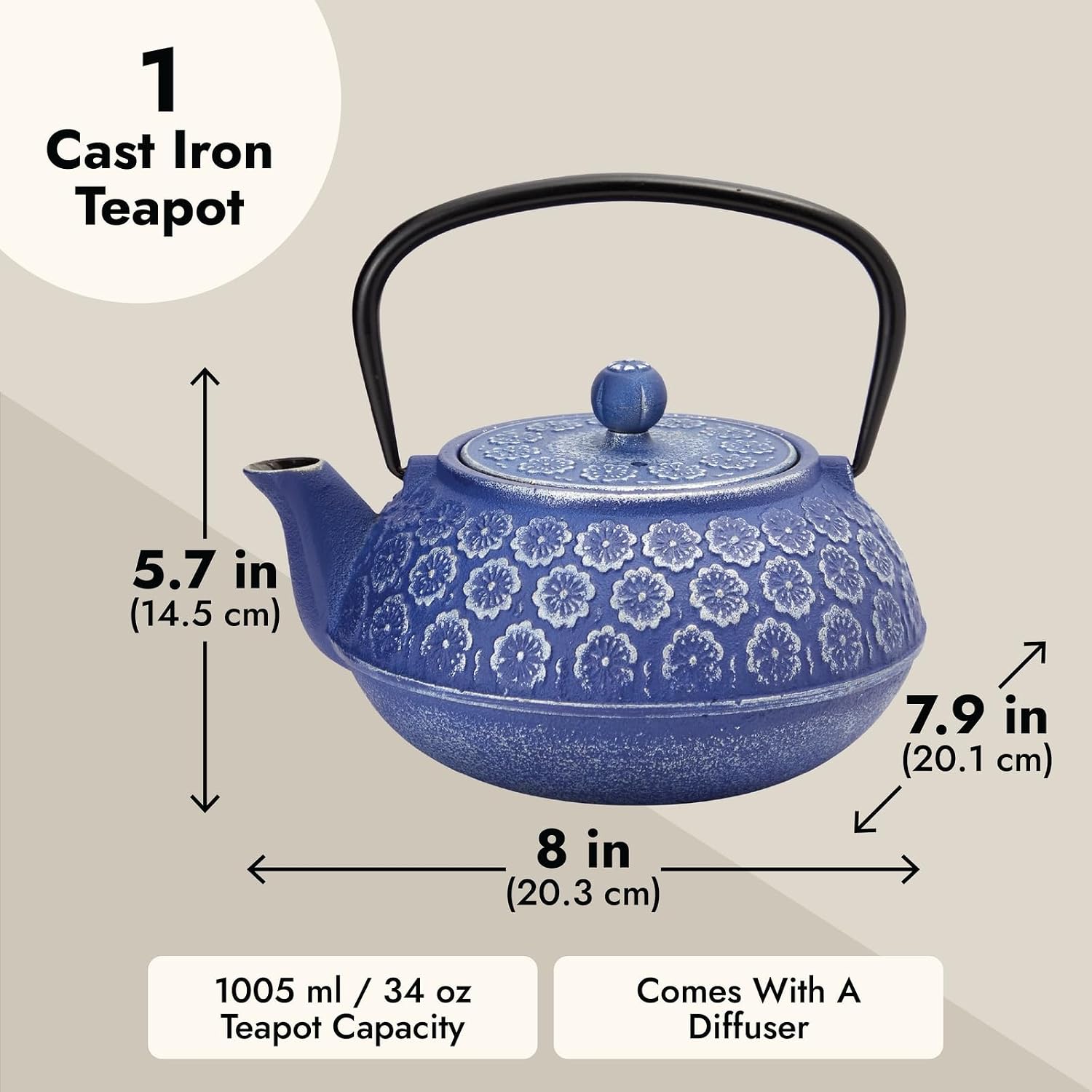 Japanese Cast Iron Teapot with Infuser for Loose Leaf and Tea Bags, Kettle Includes Handle and Removable Lid (Blue, 34oz)