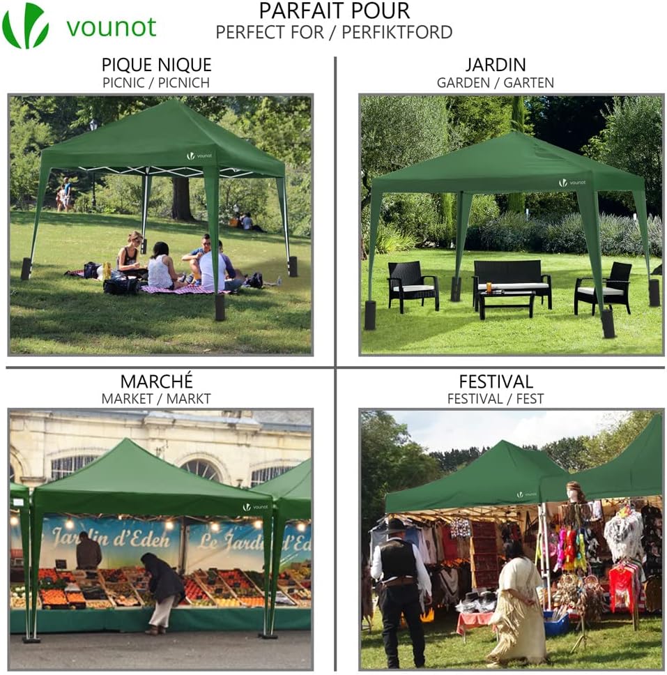 Collage of images showing the gazebo in use for a picnic, garden seating, a market stall, and a festival.