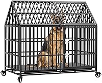 Vista 9 de Jaulas resistentes de 44 pulgadas para perros grandes, jaula indestructible a prueba de escapes con ruedas bloqueables, doble puerta de alta