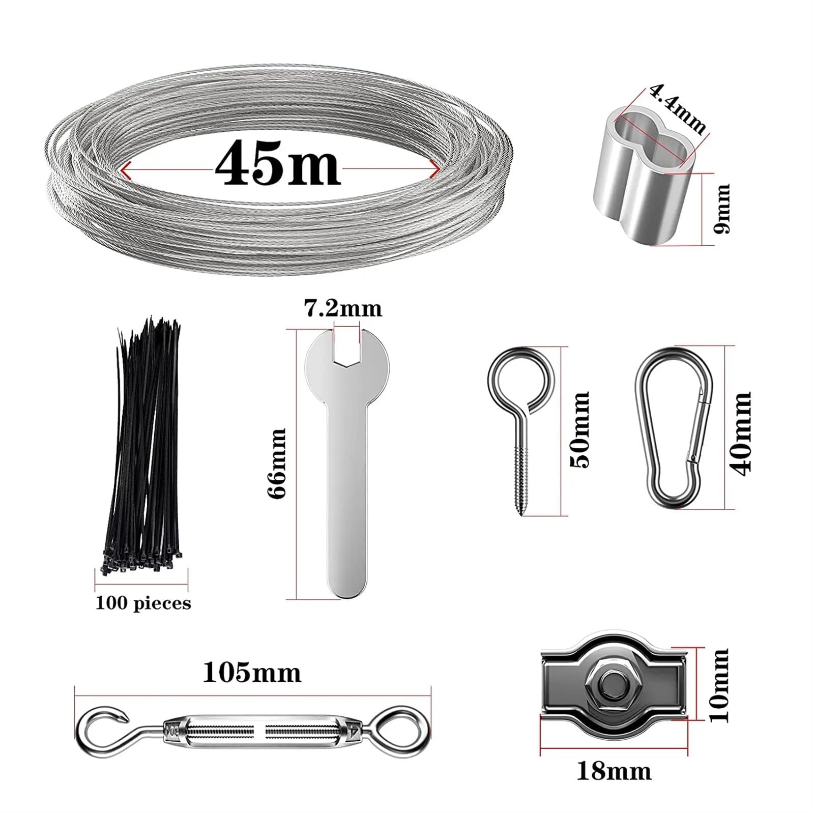 Tenditore Cavo Acciaio Corda in acciaio inossidabile 45M 304 Kit da 2 mm Fune metallica rivestita in PVC da giardino Tenditore M4 Gancio e anelli di crimpatura in alluminio